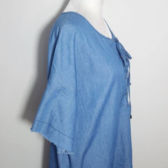 Mittoshop Chambray Mini Dress with Lace-Up Front Size Large Chambray Dress - Picture 5 of 9